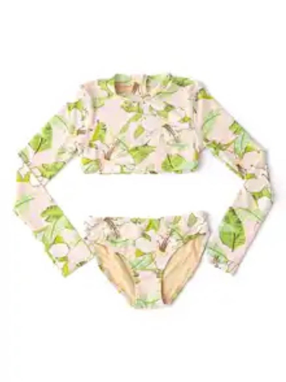 Girls Long-Sleeve Leaf Print Bikini Set - Green & Cream